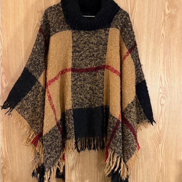 Steve Madden Plaid Poncho Sweater - Black, Tan, and Red - Picture 1 of 4